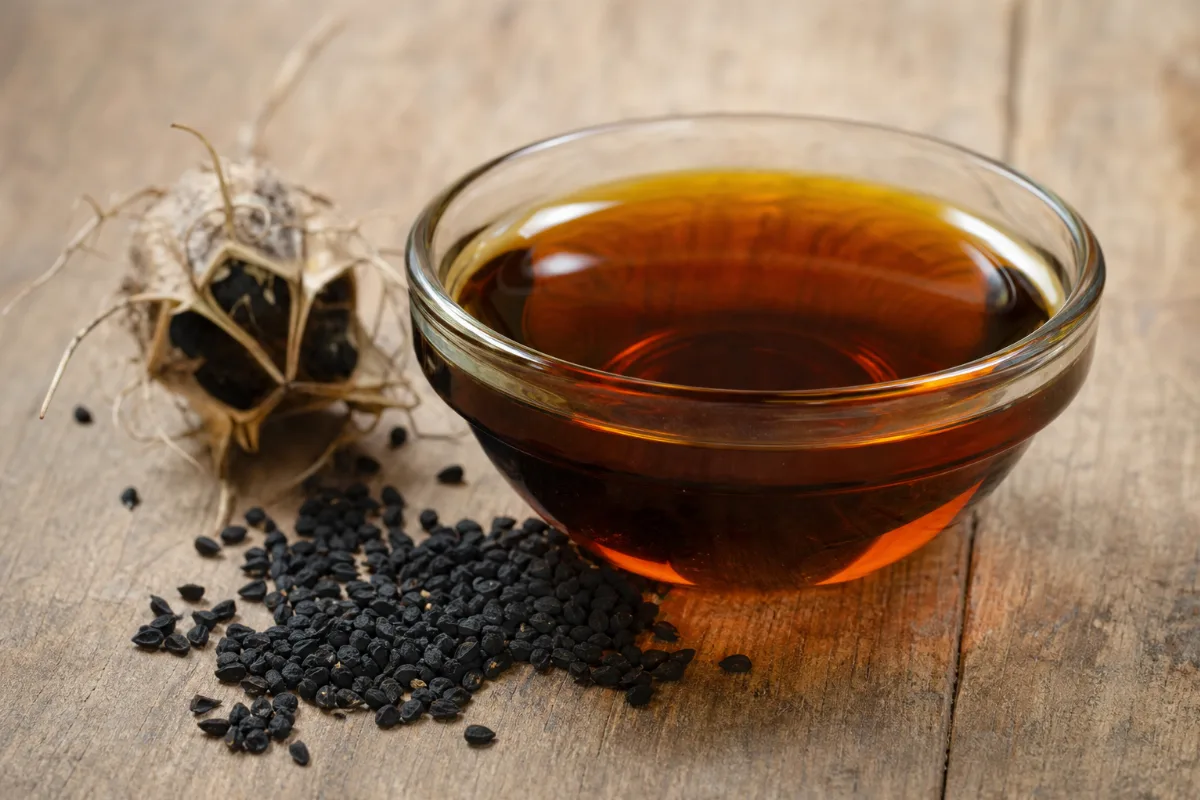 Close-up of black seed oil (nigella)
