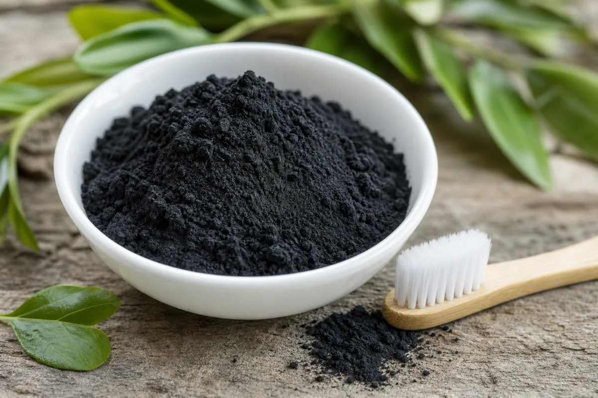 Close-up of charcoal toothpaste and whitening powder