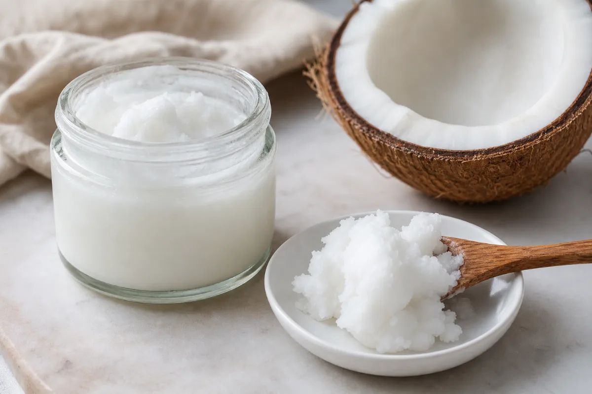 Close-up of coconut oil (as food)