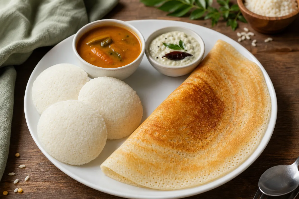Close-up of idli & dosa