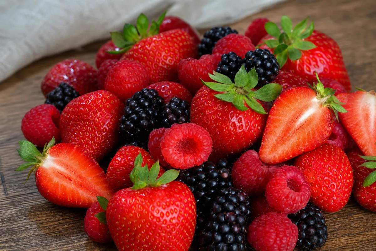 Close-up of strawberries, raspberries & blackberries
