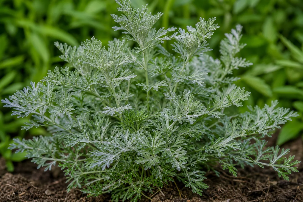 Dried wormwood herb (Artemisia absinthium) next to a glass cup of wormwood tea