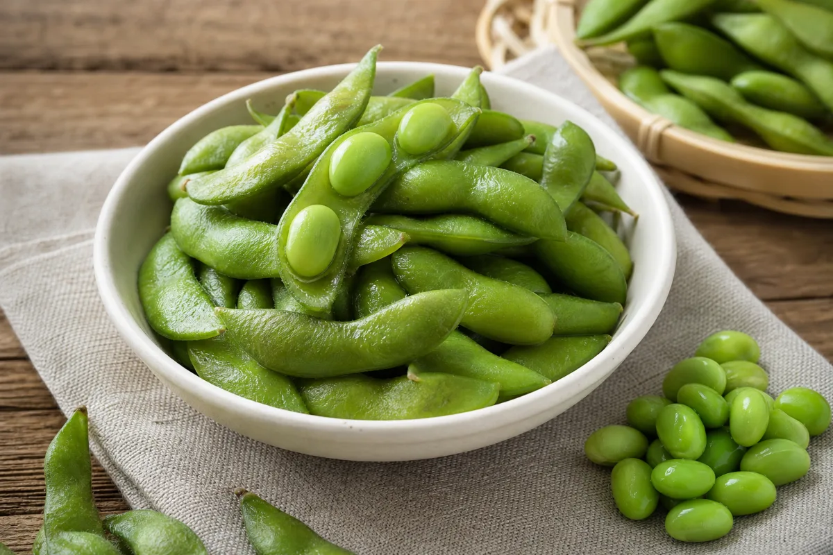 Close-up of edamame (green soybeans)