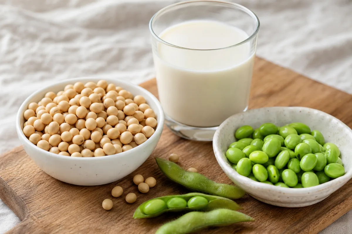 Close-up of soy foods (soybeans)