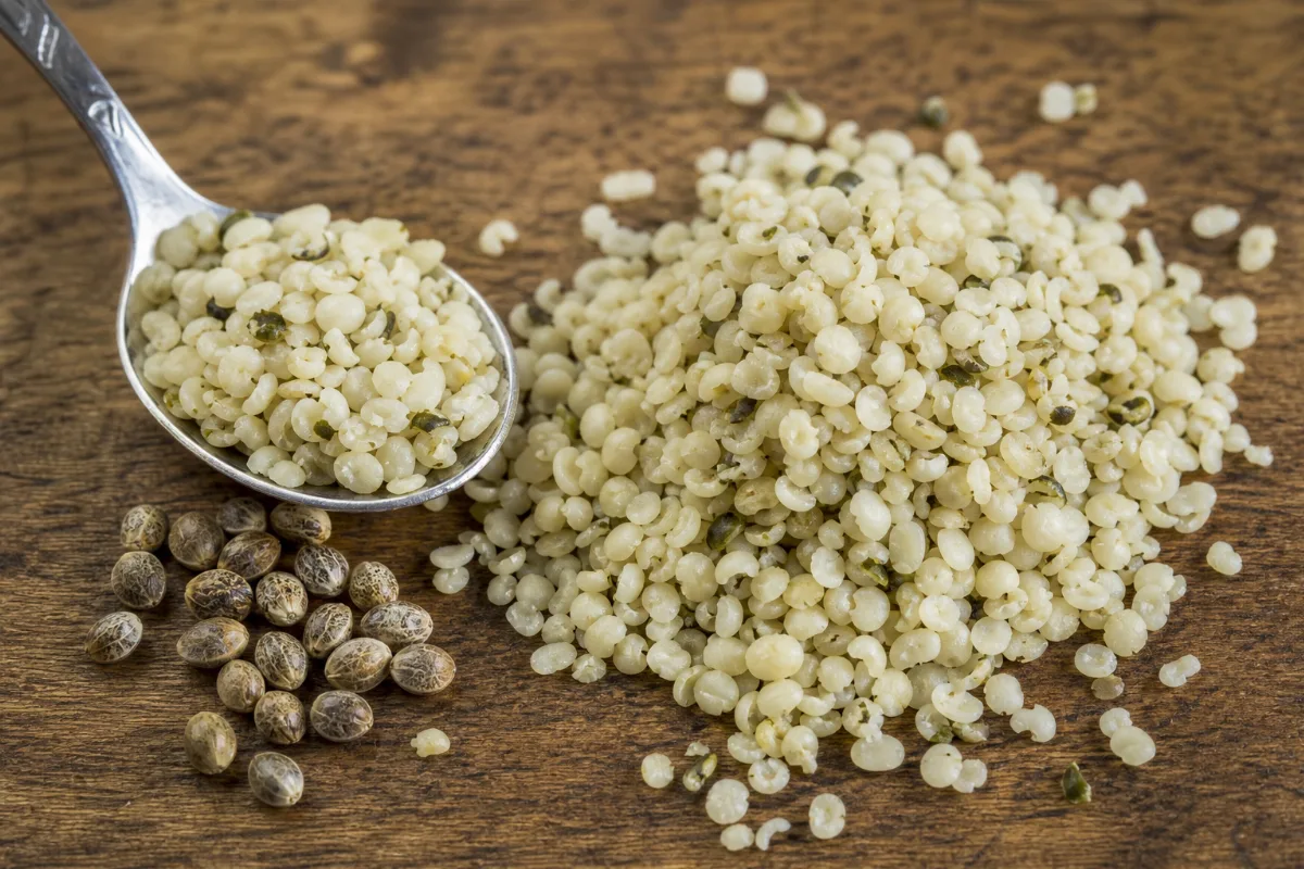 Close-up of hemp seeds (hemp hearts)