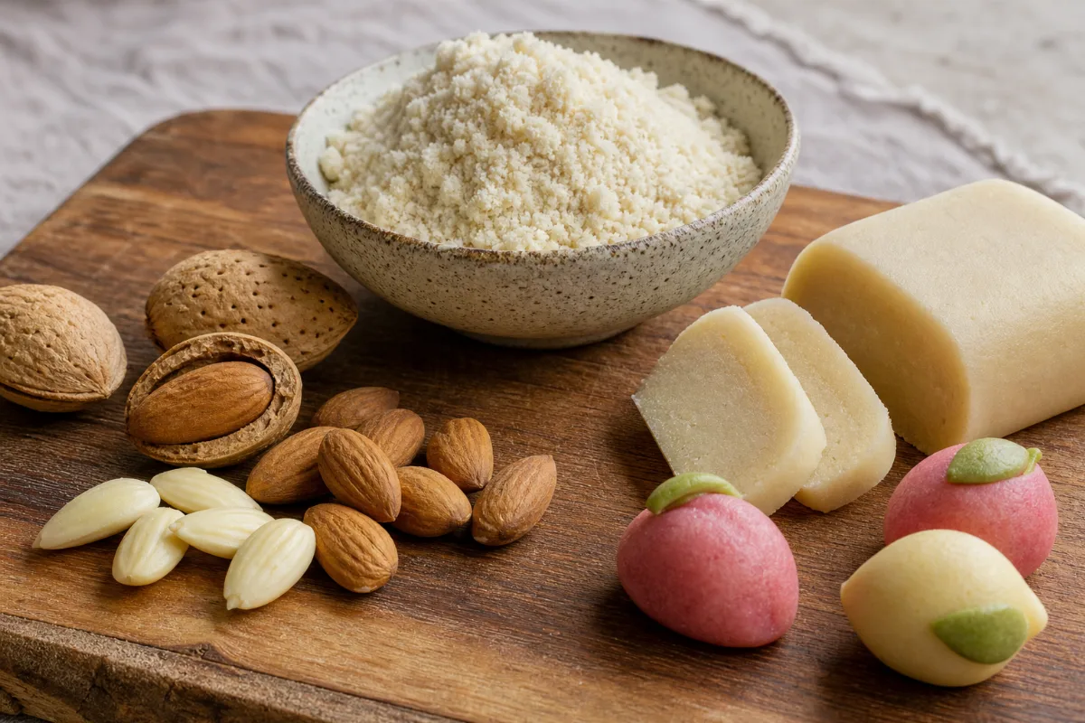 Close-up of nut flours, almond paste & marzipan