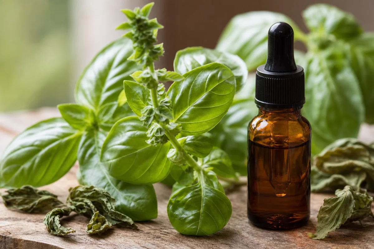 Close-up of basil oil (sweet basil)