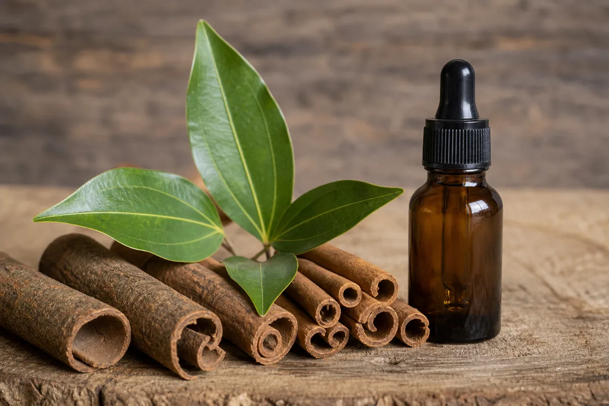 Close-up of cinnamon oil (leaf and bark)