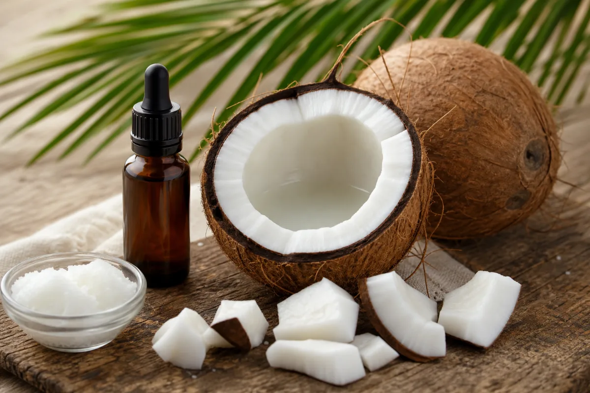 Close-up of coconut oil and fractionated coconut oil