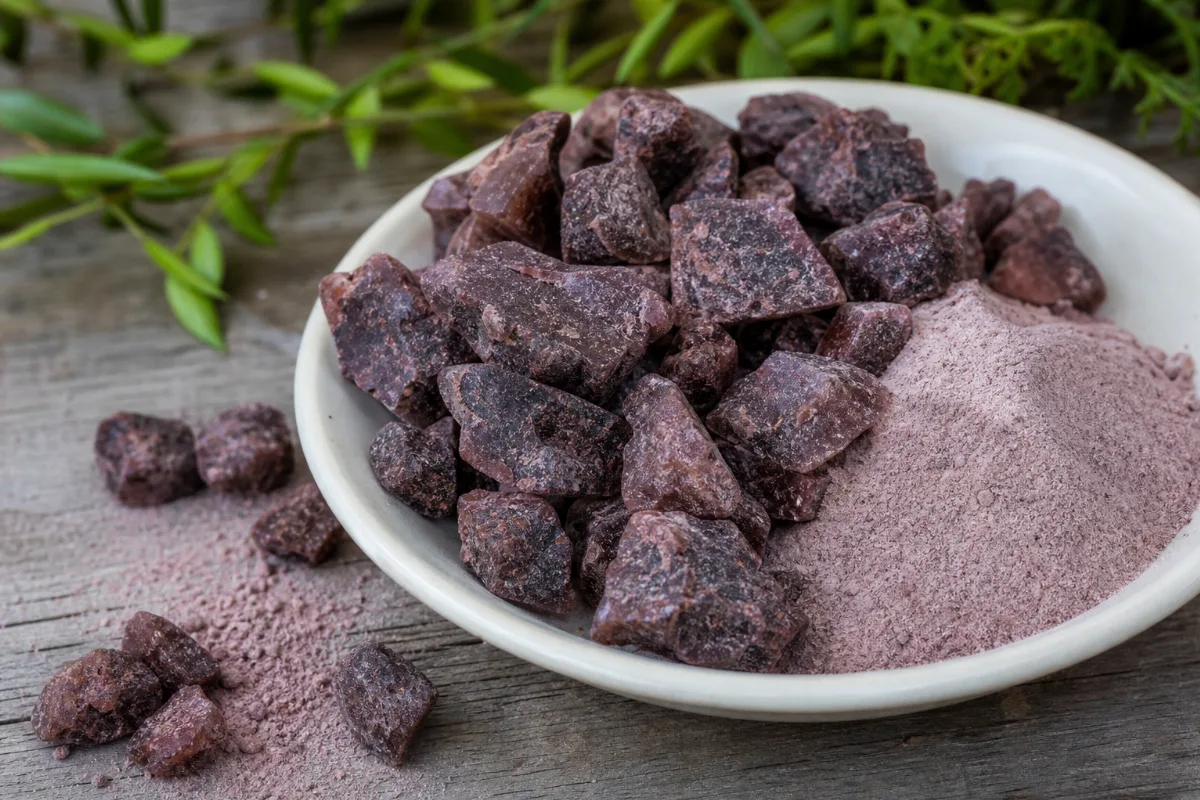 Close-up of black salt (kala namak)