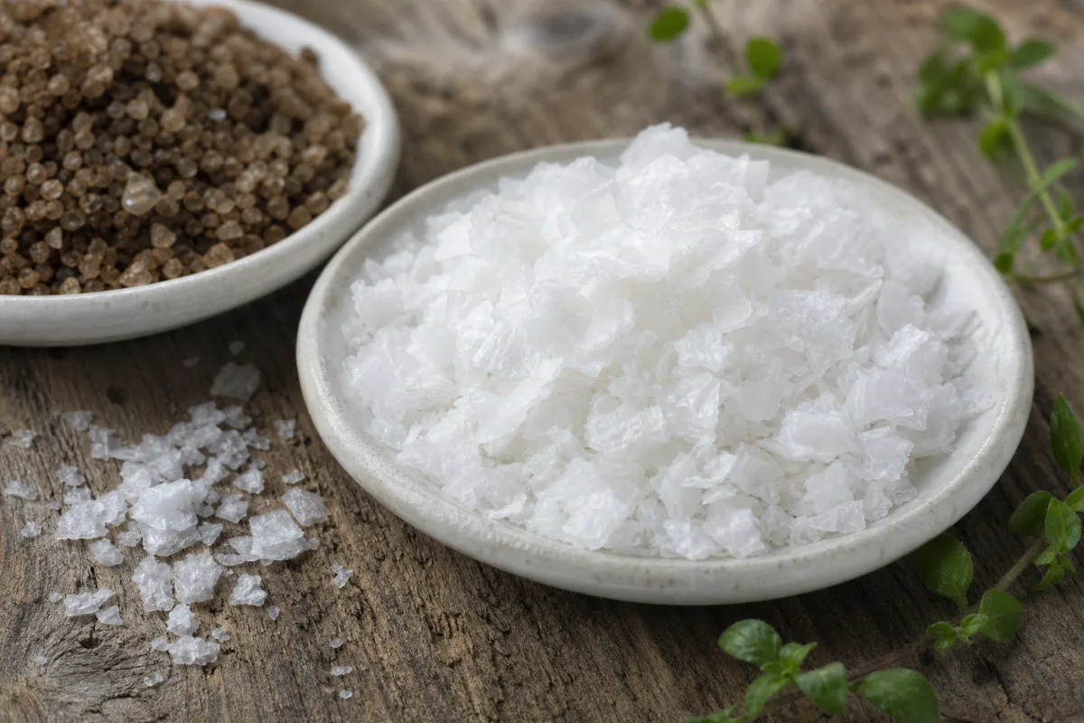 Close-up of flaky and smoked salts