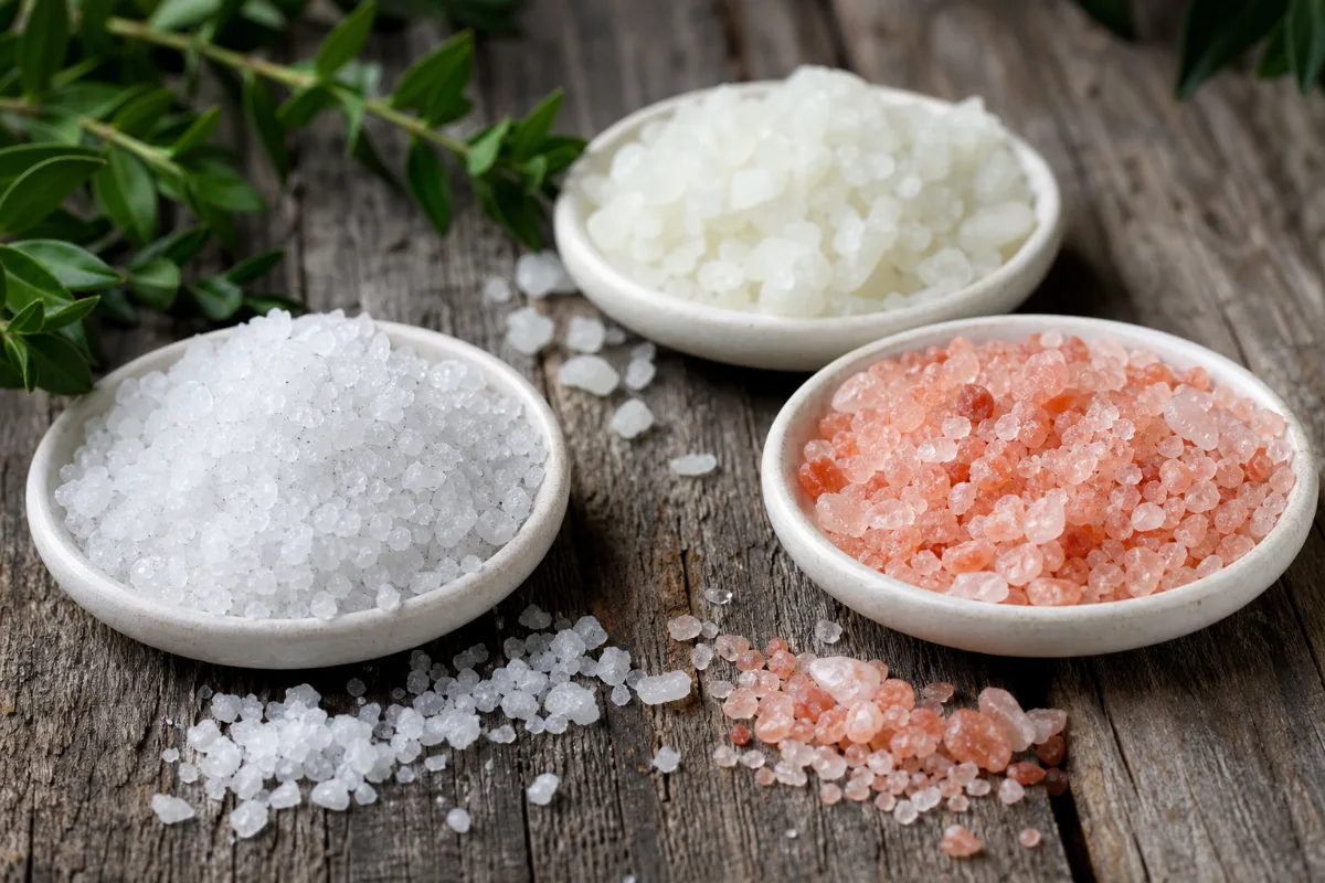 Close-up of sea salt, himalayan salt and dead sea salt: mineral claims