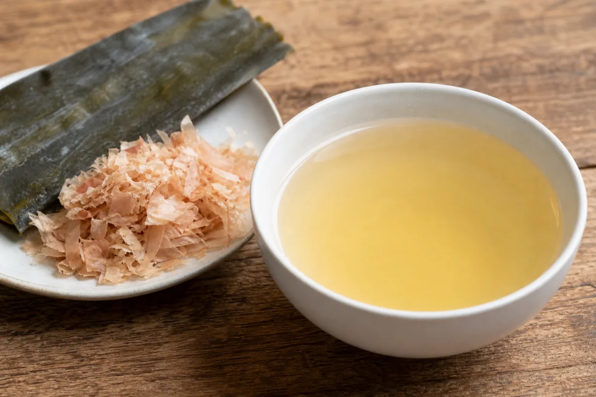 Close-up of dashi (kombu stock)