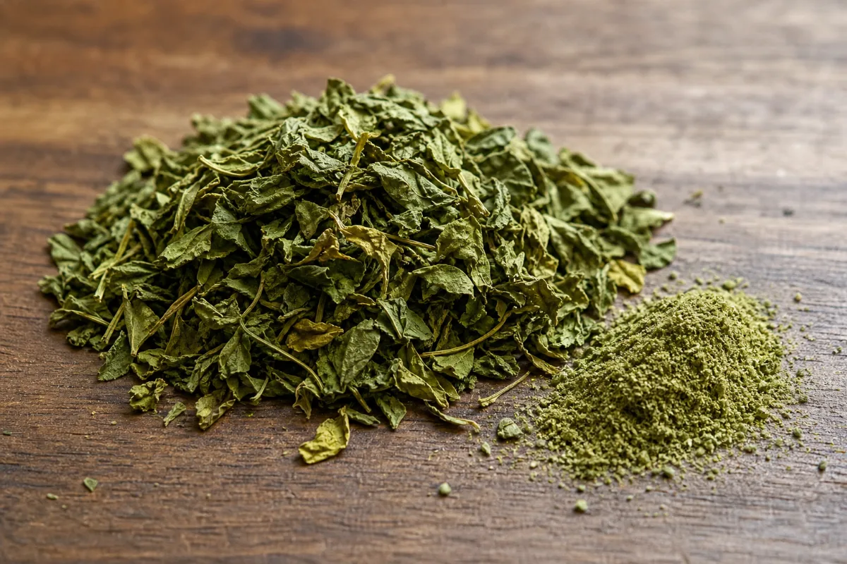 Close-up of dried fenugreek leaf (kasuri methi)