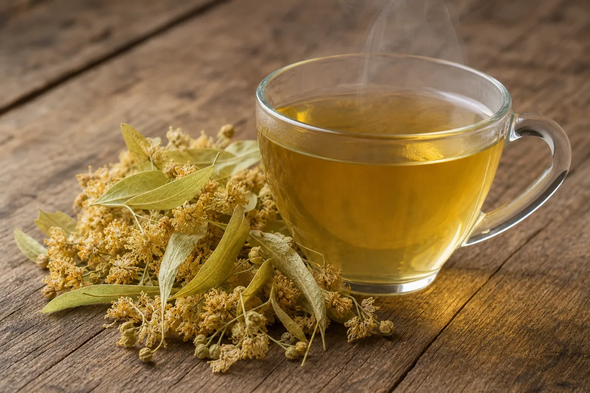 A clear glass cup of pale golden-yellow linden flower tea beside a small pile of dried linden flowers with pale green bracts